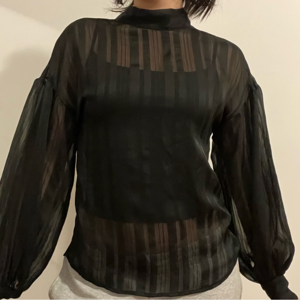 Black Sheer Stripe Mock-Neck Blouse